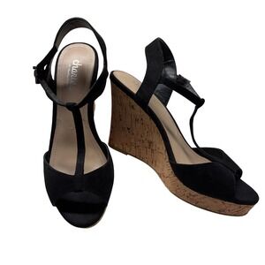 Charles David Wedge Heel Sandal Sz 6.5 Black Faux Suede T Strap Platform